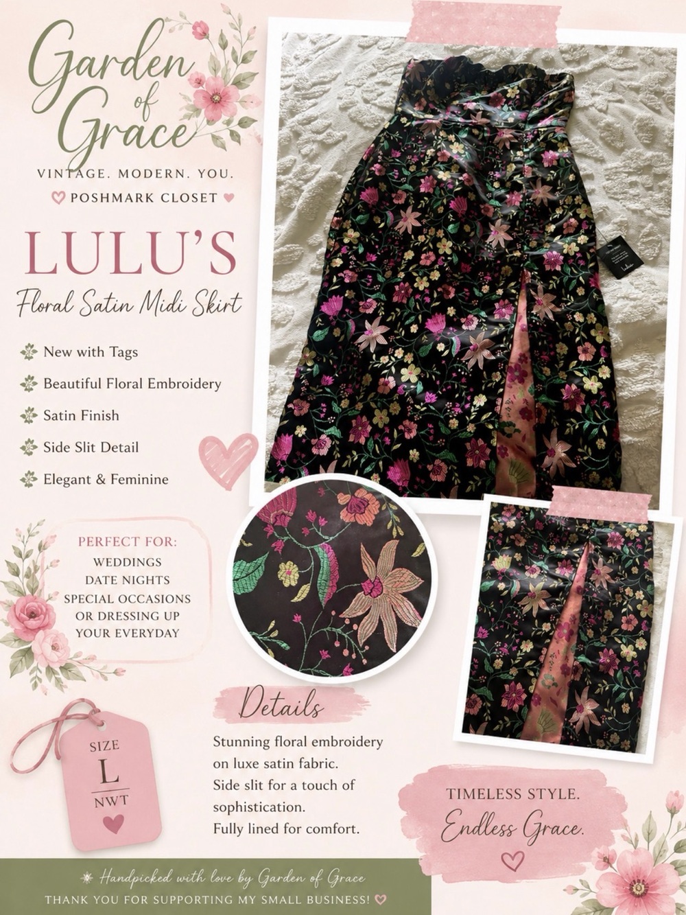 Lulu's Black Satin Midi Skirt with Pink & Green Floral Embroidery